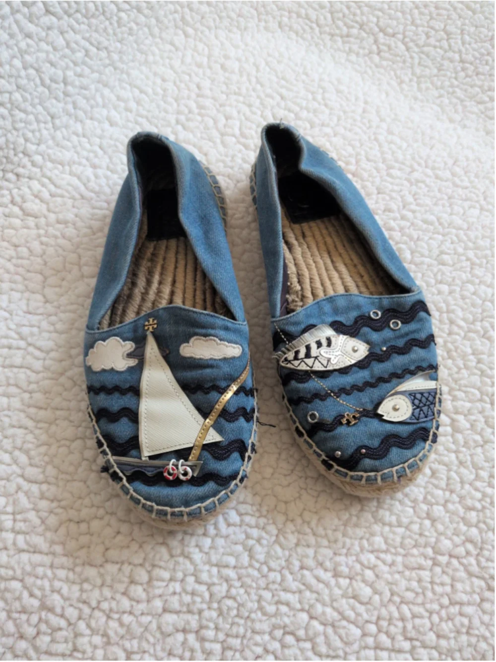 Tory Burch seaside nautical denim coastal fish resortwear espadrilles sandals